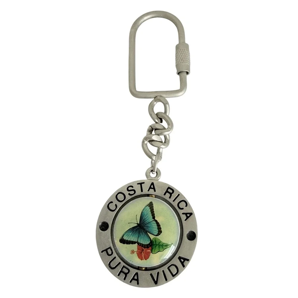 Costa Rica Pura Vida Keychain Adult OS Silver Blue Morpho Butterfly Spinning